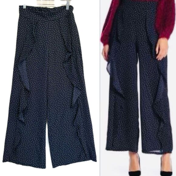 Blu Pepper Polka Dot Cascading Ruffle Wide Leg Pants Size M Navy Elastic Back - Picture 1 of 15